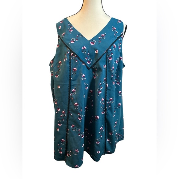 Lane Bryant Teal Floral V-Neck Blouse - Picture 1 of 6